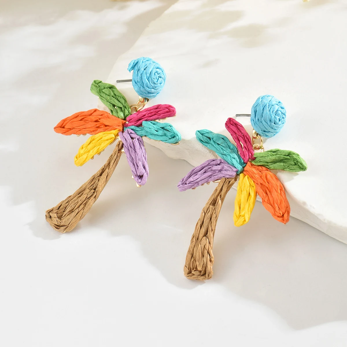 Bohemia Trendy Sweet Raffia Tree Drop Earrings for Women Stylish Handmade Colorful Rattan Knit Earrings Summer Beach Jewelry