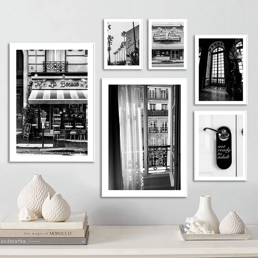 

Nordic Balck And White Fashion Art European Street Scene Retro Poster Print France Shop Canvas Painting Room Home Decor Wall