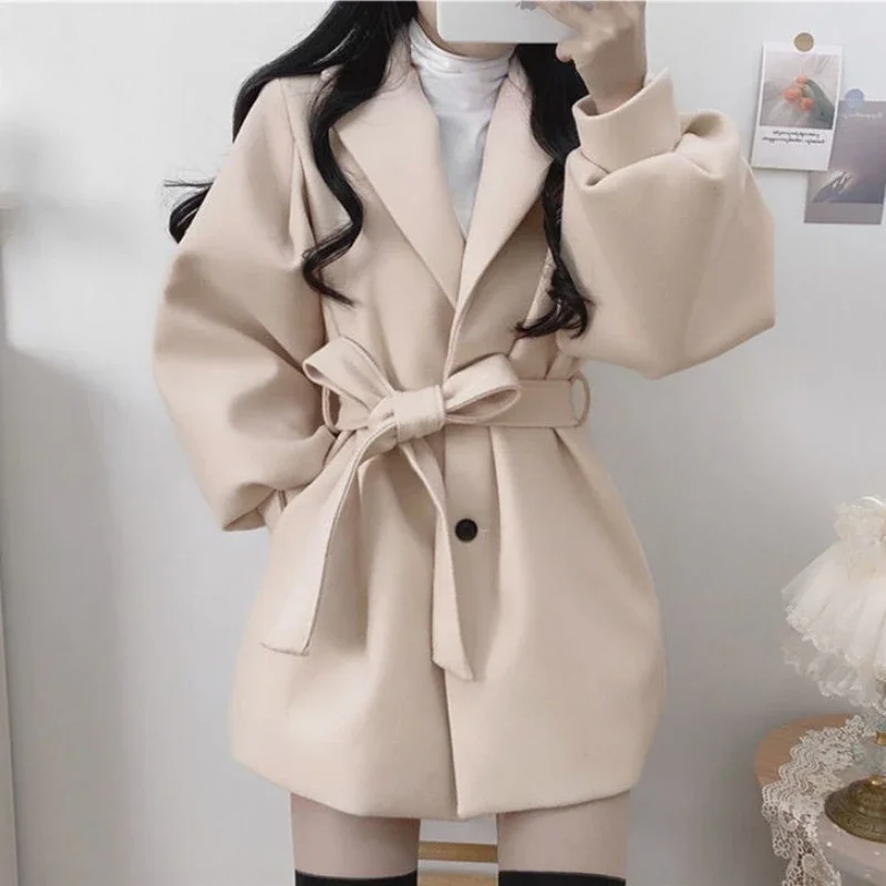Lapel Jacket Women's Belt Slim Korean Jacket All-match Women's Fashion Fall Winter Wool Blended Black Long Sleeve