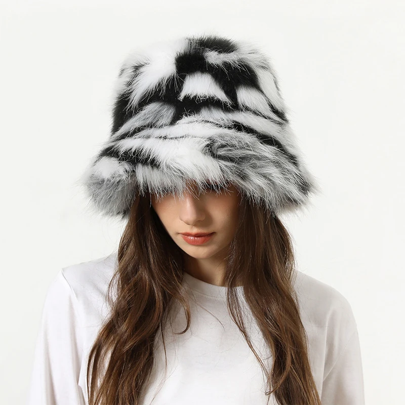 

1PC Women Korean Faux Fur Hat Senior Warm Bucket Hat Colorful Hat Fur Fisherman Hat Elegant Autumn and Winter