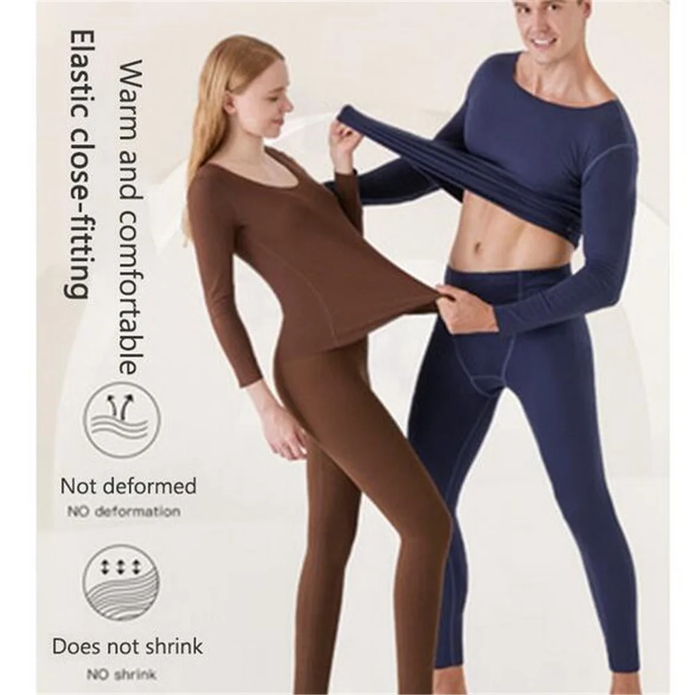 

O-neck Long Tops Bottoming Thermal Underwear Women Clothes Winter Thicken Warm Elastic Waist Trousers Two Piece Sets