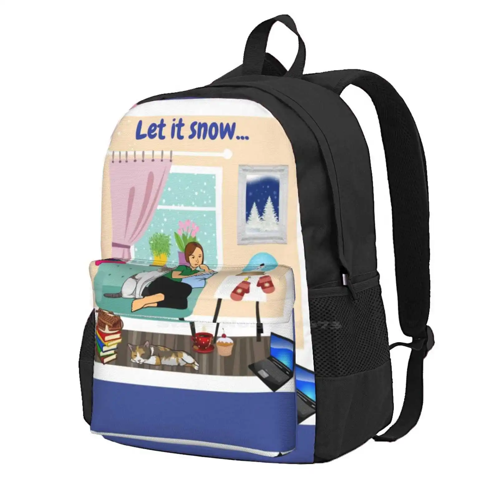 

Let It Snow , I'm Home Fashion Travel Laptop School Backpack Bag Cats Cat Lovers Reading Books Book Lovers Coffee Waffles
