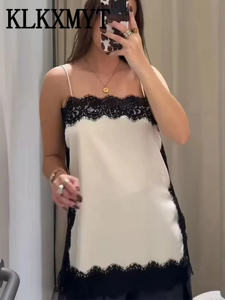 Lace Patchwork Sling Top Women Sexy Sleeveless Side Split Solid Color Vest 2025 New Summer Lady Party Vacation Short Tops ﻿