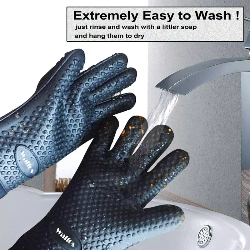 Walfos 1 Piece Long Silicone Kitchen Gloves Grill Gloves Heat Resistant Cooking For Grilling Microwave Oven Mitts