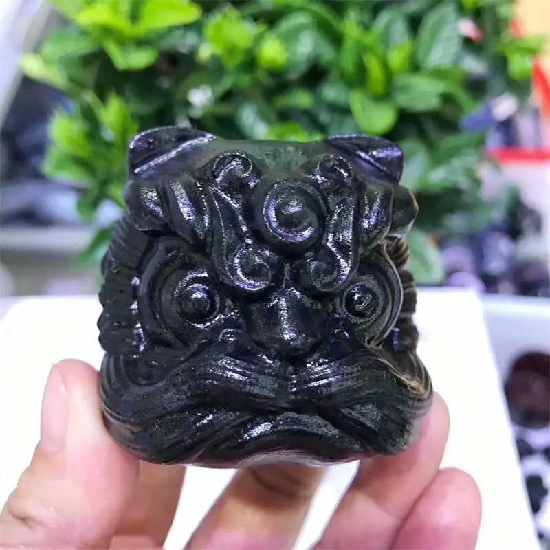 

Natural Black Obsidian Cartoon Dancing Lion Head Crystal Carving Crafts Fashion Healing Office Decoration Gift 1pcs