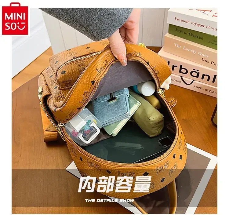 MINISO Disney Cartoon Winnie Bear Printed Backpack for Women's Fashion High Quality Large Capacity Diamond Inlaid Backpack