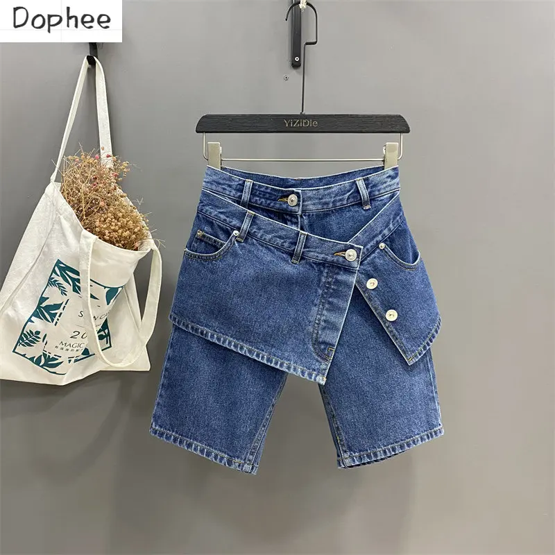 New Design Fake Two Piece Slim Straight Crop Jeans for Women New Summer High Waist Pants Knee-length Blue Denim Skirt Shorts