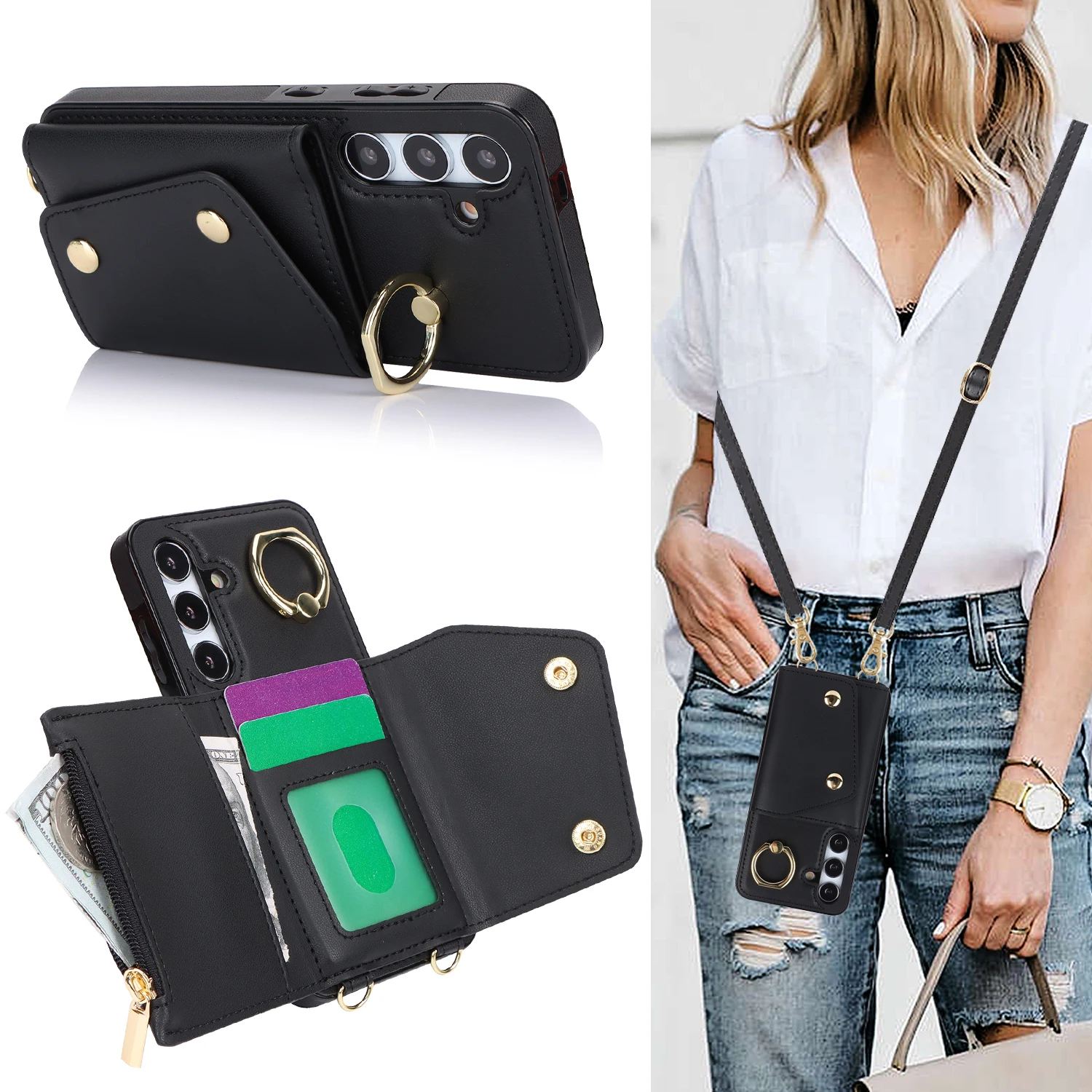 

Crossbody Leather Zipper Card Holder Wallet Case, Handbag Purse, Ring Stand Cover for Samsung Galaxy A55, A54, A53, A35, S24 S23