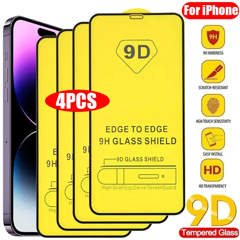 4PCS 9D Screen Protector Tempered Glass for IPhone 14 13 12 11 Pro Max