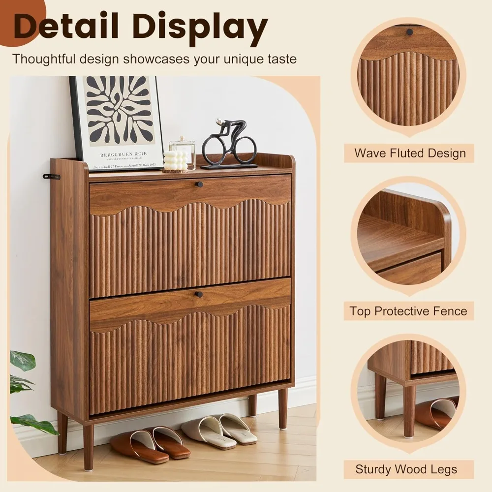 31.5" Fluted Shoe Cabinet with 2 Flip Drawers, Freestanding Narrow Storage Organizer for Entryway Hallway Living Room