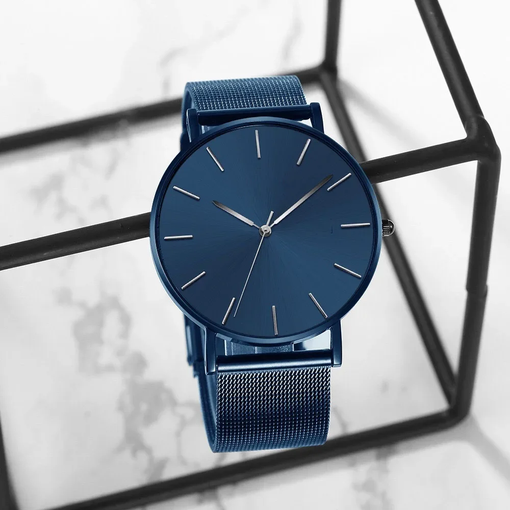 Elegant Men's Ultra Thin Quartz Watch - Black Stainless Steel Mesh, Waterproof Casual Sport Design