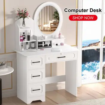 Scrivania per trucco con specchio, grande scrivania da trucco con ripiani portaoggetti, tavolo da trucco a 4 cassetti con luce, toletta per camera da letto 1