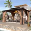 12'x14' Hardtop Gazebo, Aluminum Frame Permanent Pavilion with Curtains and Netting, Designed for Garden, Brown 1