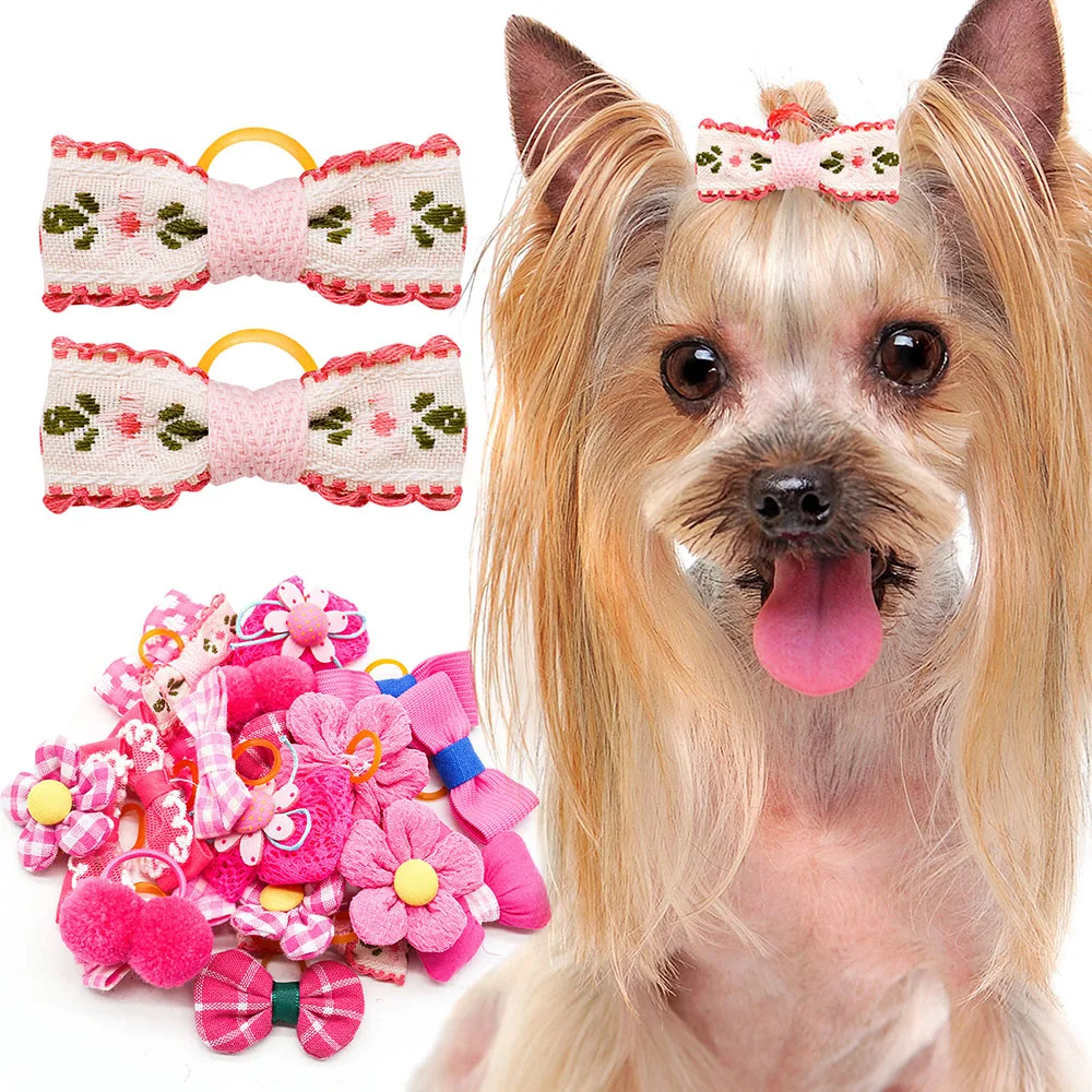 

20PCS Cute Dog Decorate Bows Dog Hair Accessories Bow Flower Pattern Dog Bowknot with Rubber Bands Pet Products