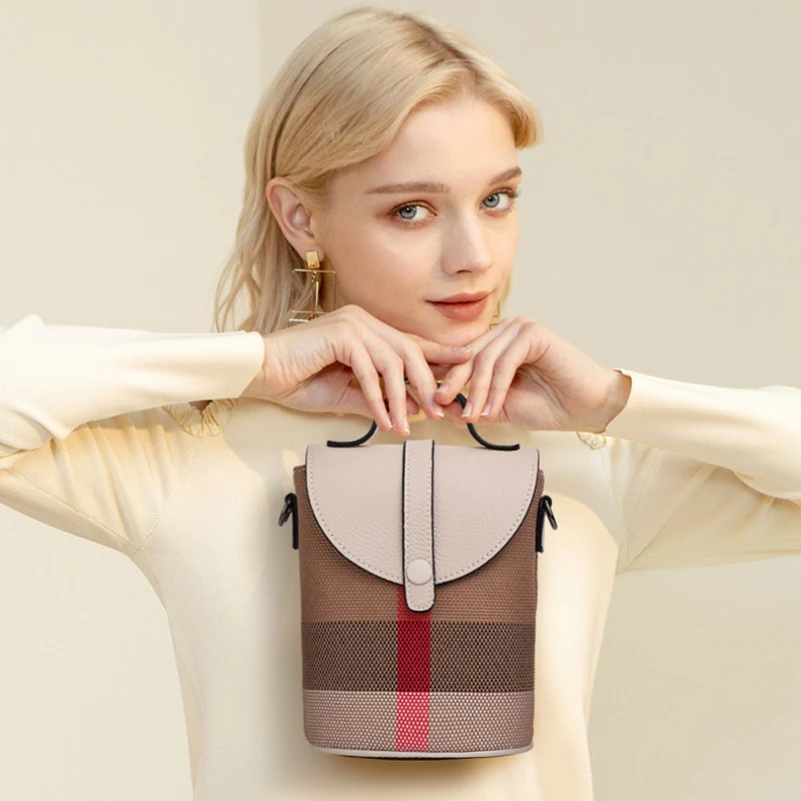 MiniWomenCasualSmallShoulderBagLatticeCanvasCrossbodyLadiesBagLeatherZipperMobile