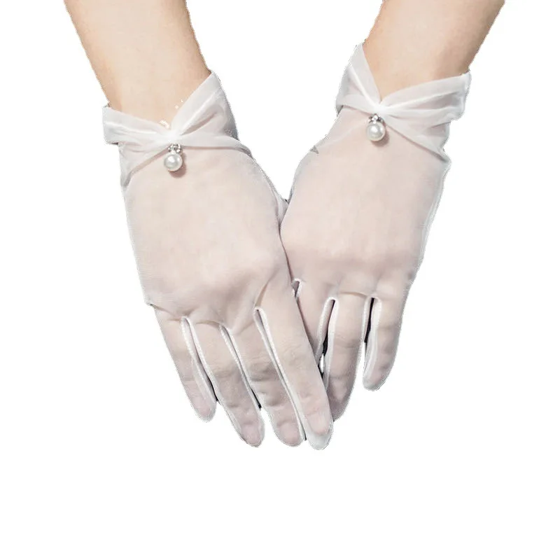 

Lady Banquet Party Wedding Bridal Wrist Length Short Tulle Sun Protection Gloves With Pearls
