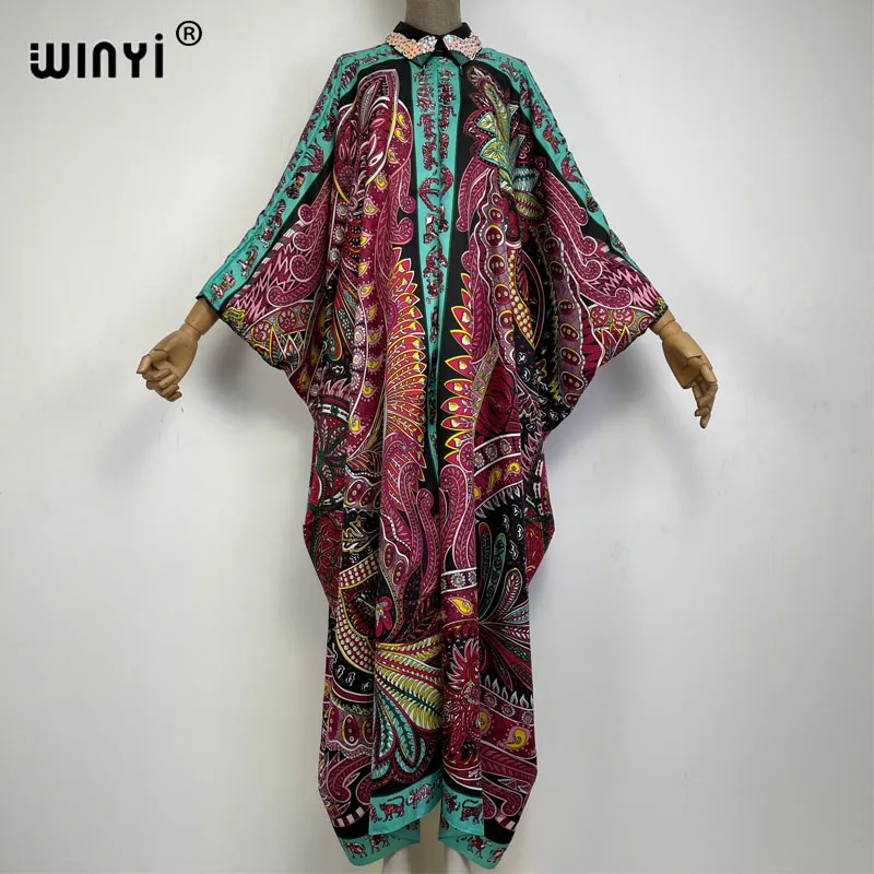 

WINYI Middle East Embroidered neckline robes Loose Women's batwin Sleeve Floral Printed Elegant Casual Vacation Loose Dresses