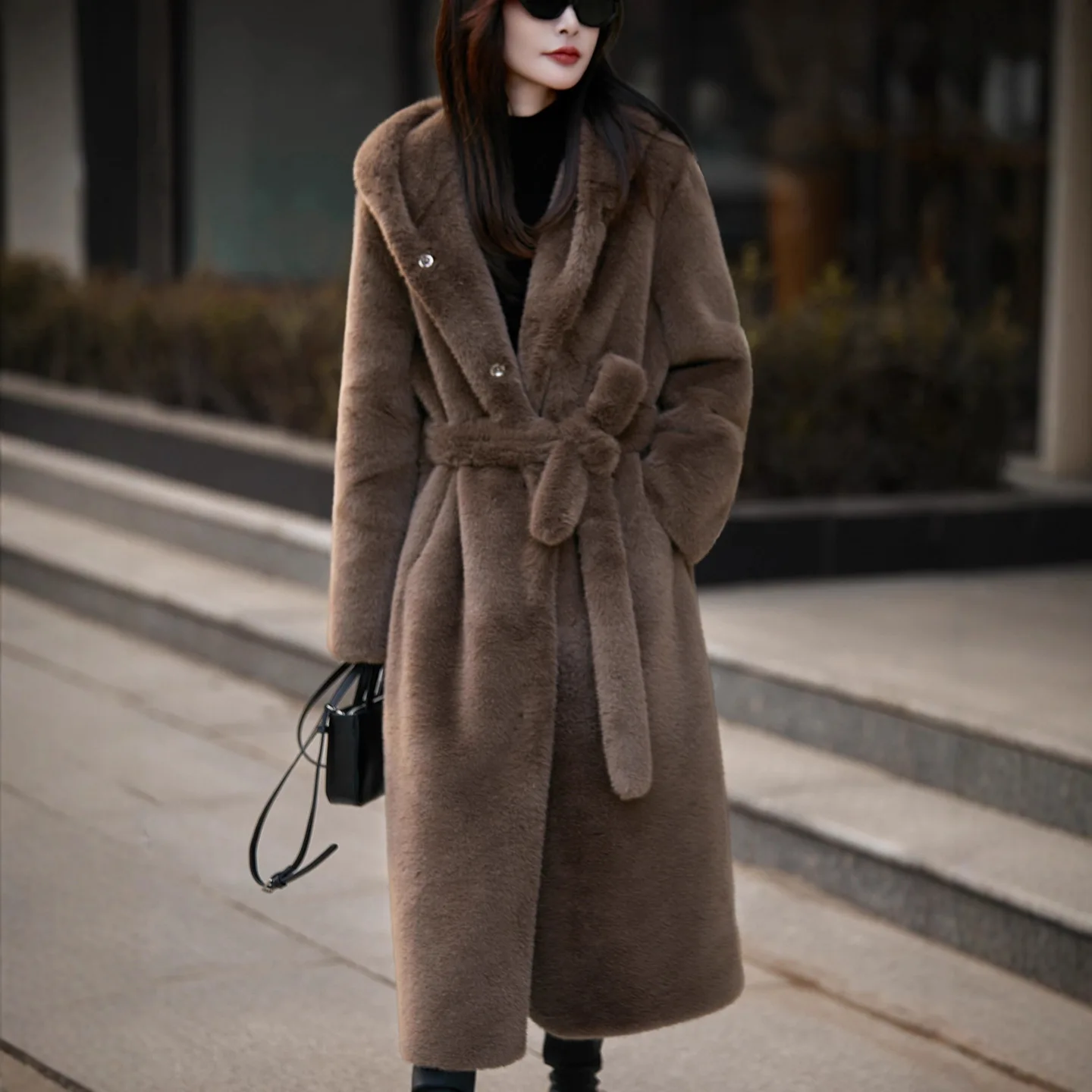 LuxuriousLongThickenedHoodedFauxMinkCoatWomen