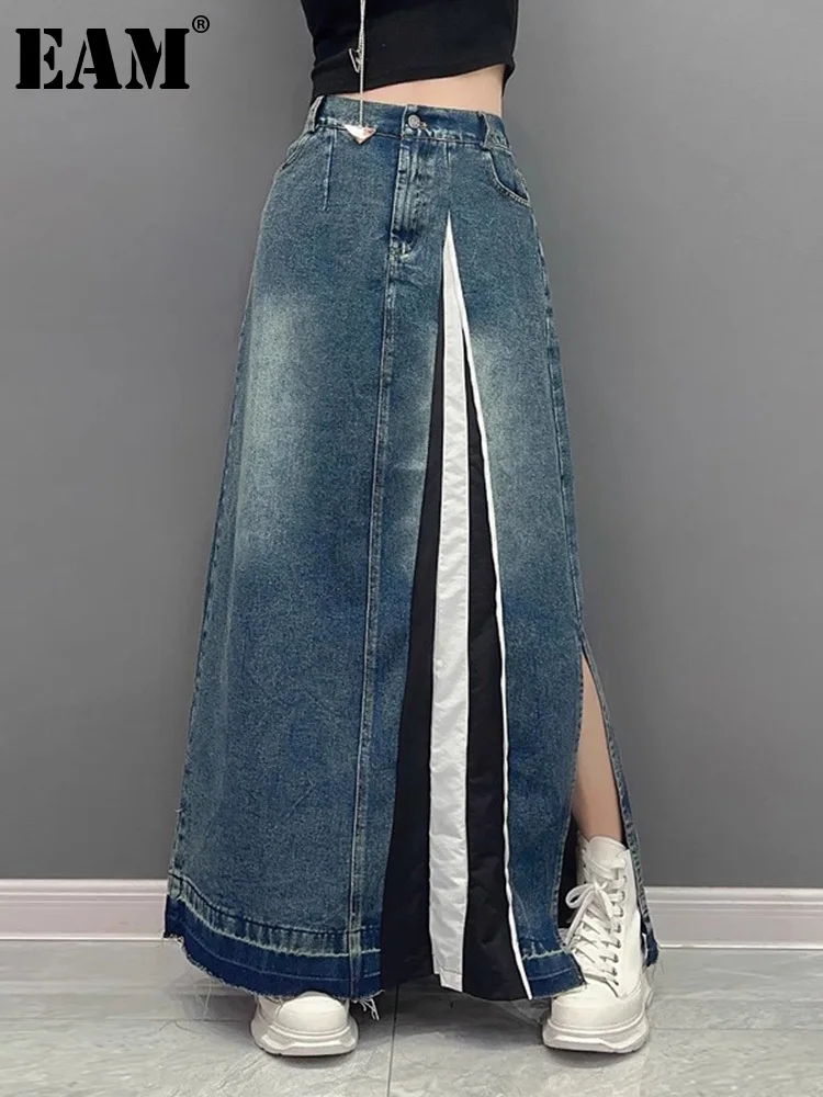 

[EAM] High Elastic Waist Blue Denim Color-block Slit Long Casual Half-body Skirt Women Fashion New Spring Autumn 2024 1DH2577