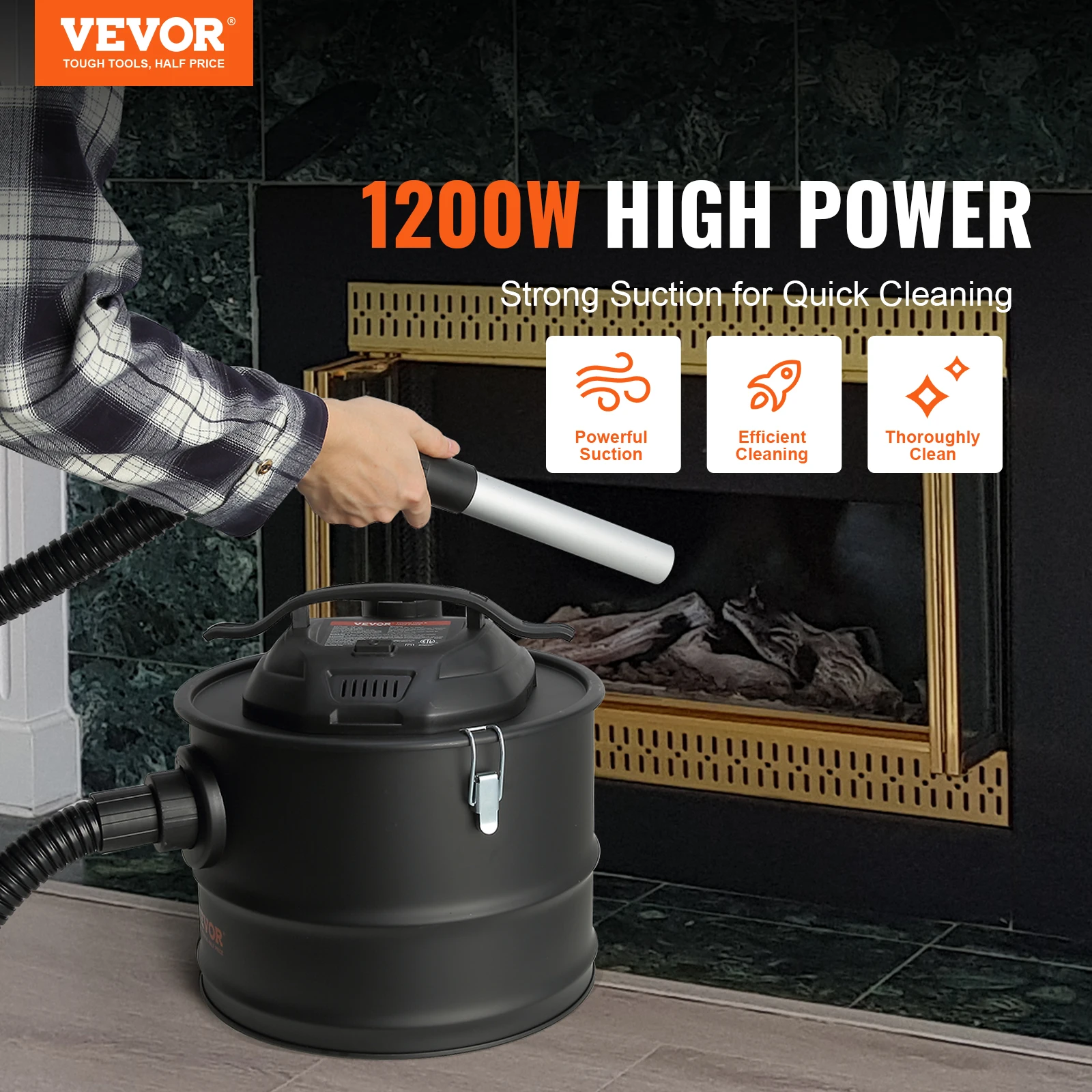 VEVOR Ash Vacuum Cleaner 4 Gallon with 1200W Powerful Suction Ash Vac Collector with 47.2 in Flexible Hose for Fireplaces Grills 2