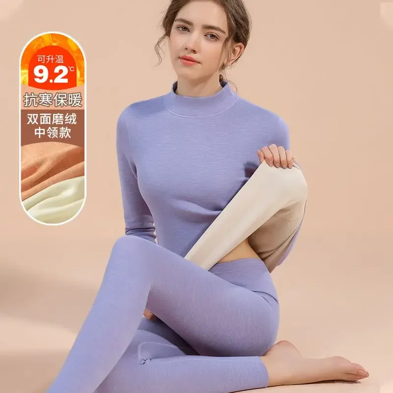 Thermal Underwear Sets Women Mid-high Collar Winter Warmth High Stretch Base Thick Velvet Tops Trousers Seamless Lingerie
