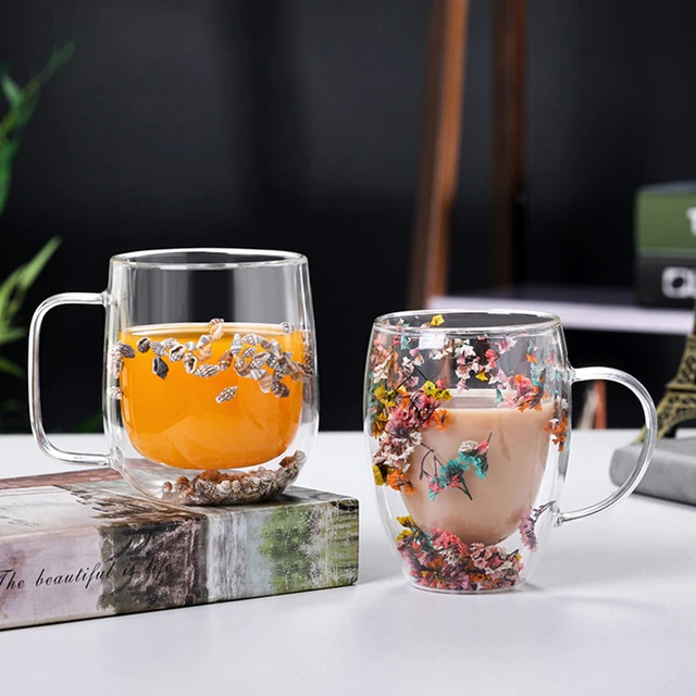 1PCS Creative Double Glass Mug cups With Dry Flower Sea Conchs Funny  Transparent Aesthetic Cups For