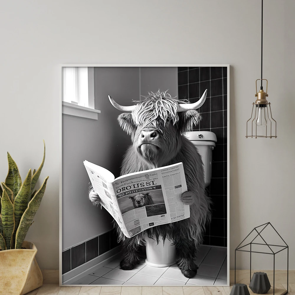 Animals Sitting on the Toilet Reading a Newspaper Prints Poster Funny Bathroom Wall Decor Picture Monkey Dog Cow WC Wall Paining animal canvas posters