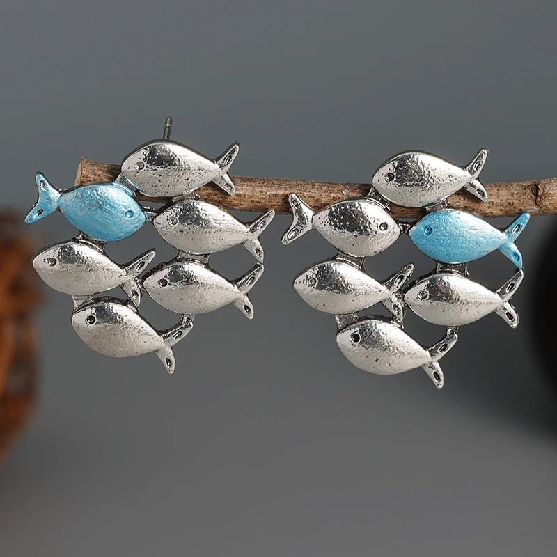 

Delicate Women's Earrings Abstract with Fish Group Design Silver Jewelry Retro Bohemian Style Personality