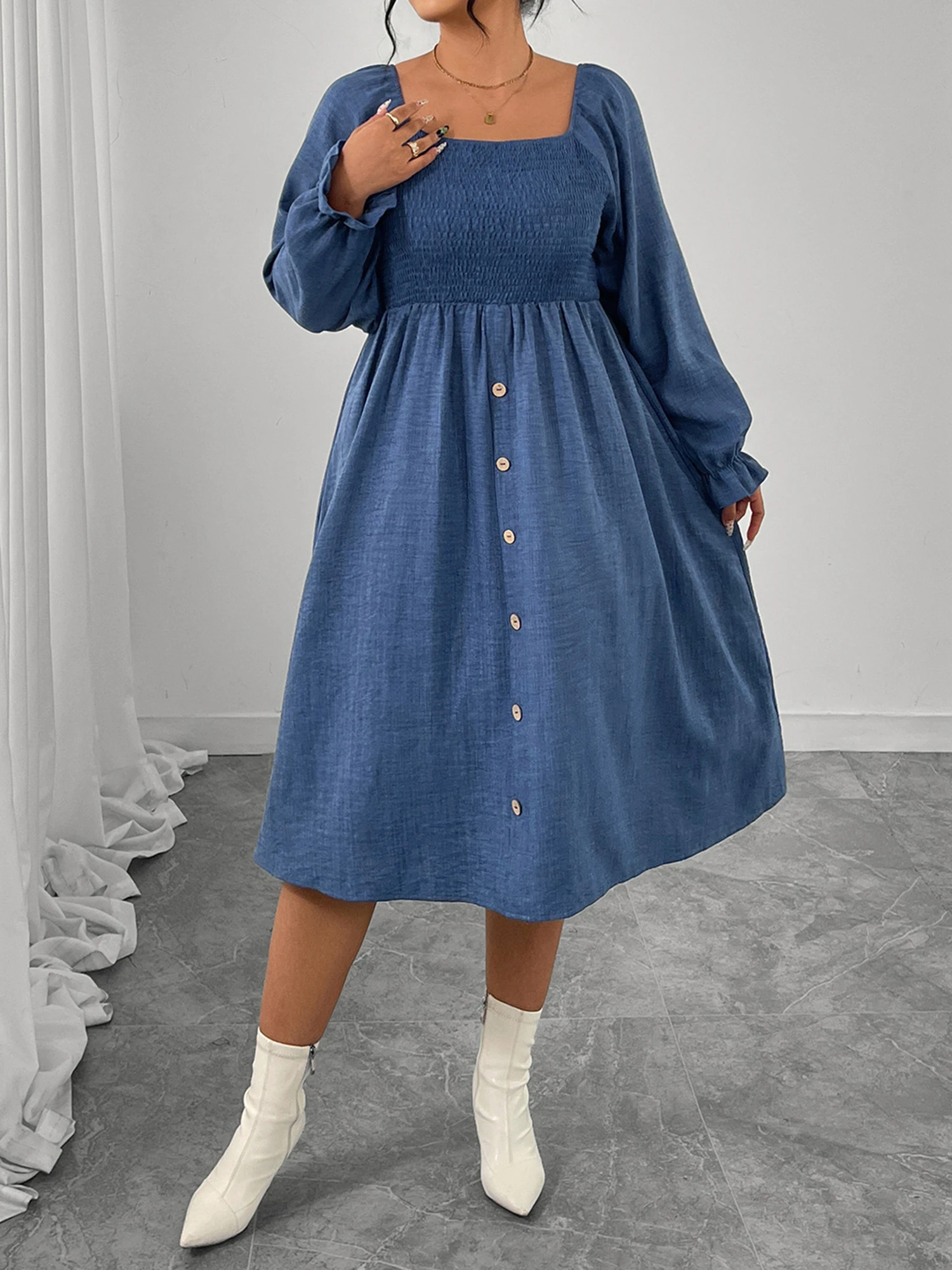 Elegant Women s Plus Size Long Sleeve Midi Dress with Square Neckline and Button Up Detail in Autumn Colors