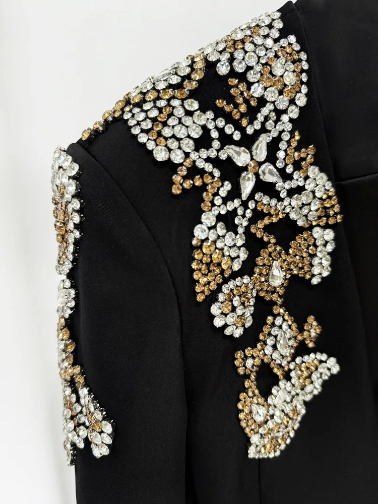 HIGH STREET Newest 2024 Designer Suit Women Beaded Diamonds Stand Collar Single Button Blazer Wide-leg Pants Set 2PCS 5