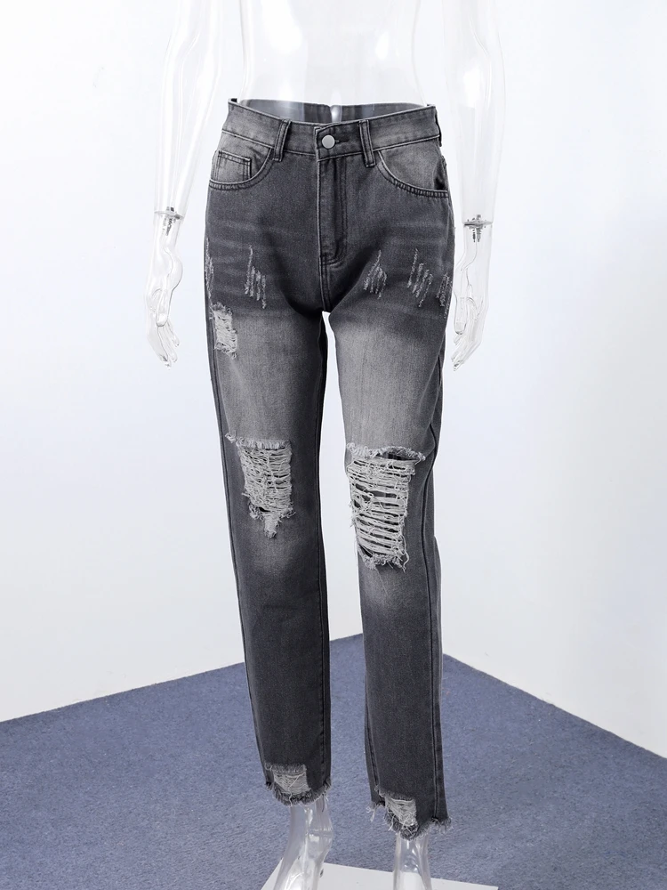 2025 Autumn Lady New Y2K Outwears Fashion Women's Ripped Denim Jeans Patchwork Solid High Waist Zipper Trousers 5