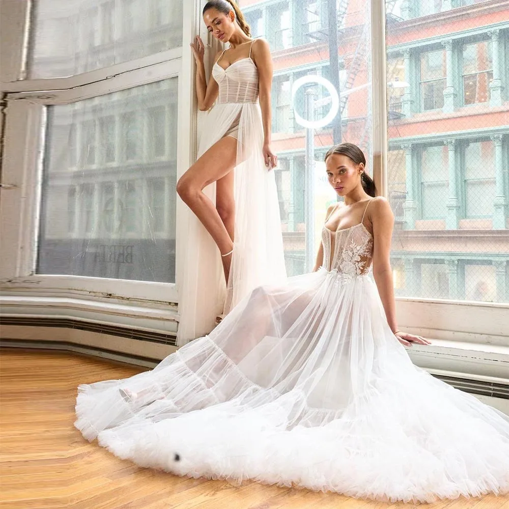 

Sevintage Boho Wedding Dresses Tiered Pleat Spaghetti Straps A Line Bohemiam Bridal Gowns Beach Wedding Gown Custom Made 2022
