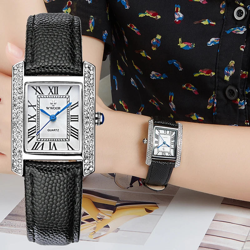 WWOOR Leather Strap Women's Watch Luxury Brand Diamonds Elegant Watch For Women Quartz Wristwatch Female Clock Relogio Feminino
