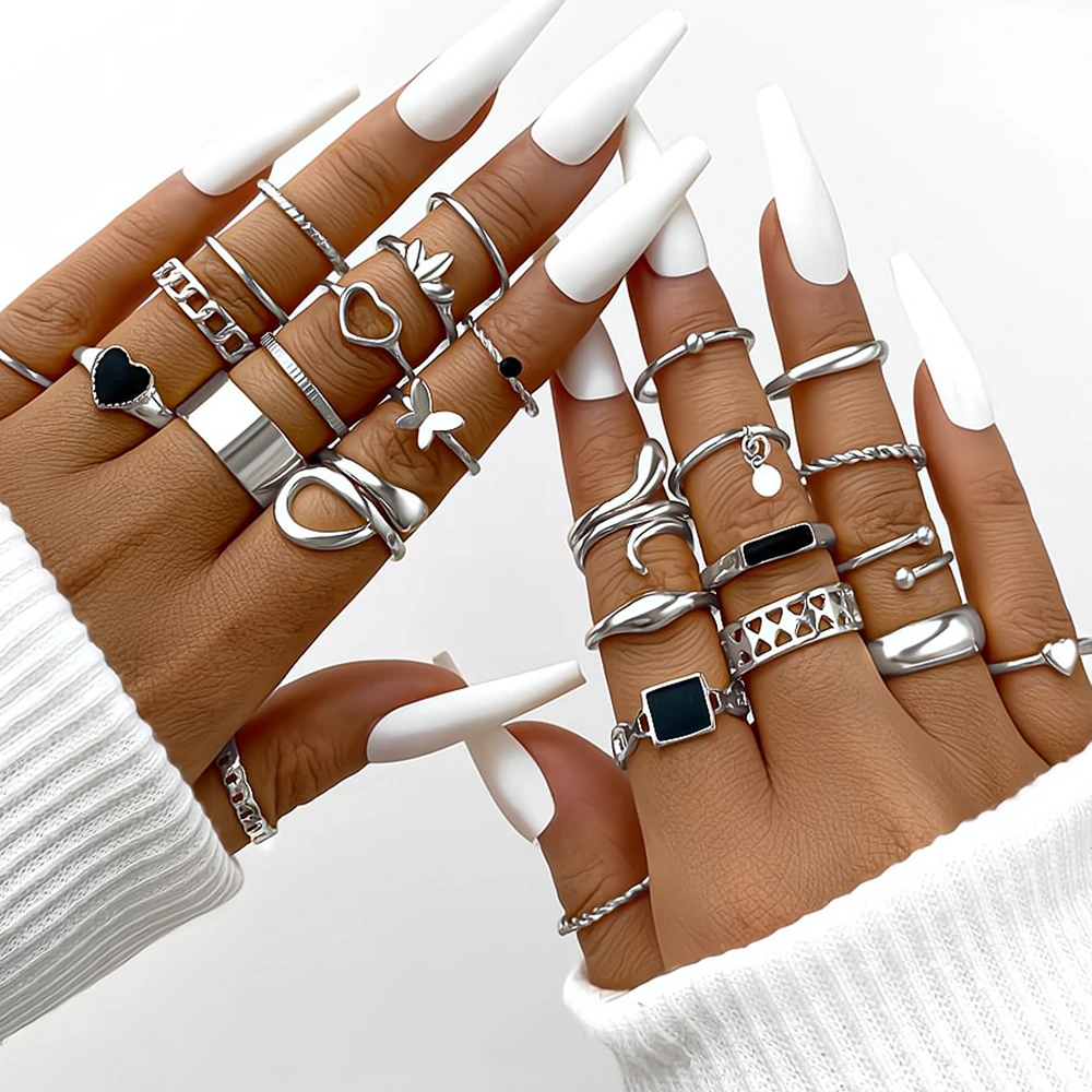 2025 Fashion Style Fashionable retro snake heart set, up to 10 pieces, Zinc alloy, metal, fashionable engagement ring_voghion.com