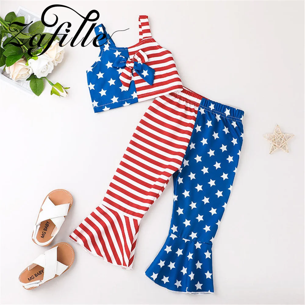 

ZAFILLE 2Pcs Festival Kids Girls Clothing Set Patchwork Baby Suspenders Top+Bell Bottomed Pants 4th For July Girls Outfits Suits