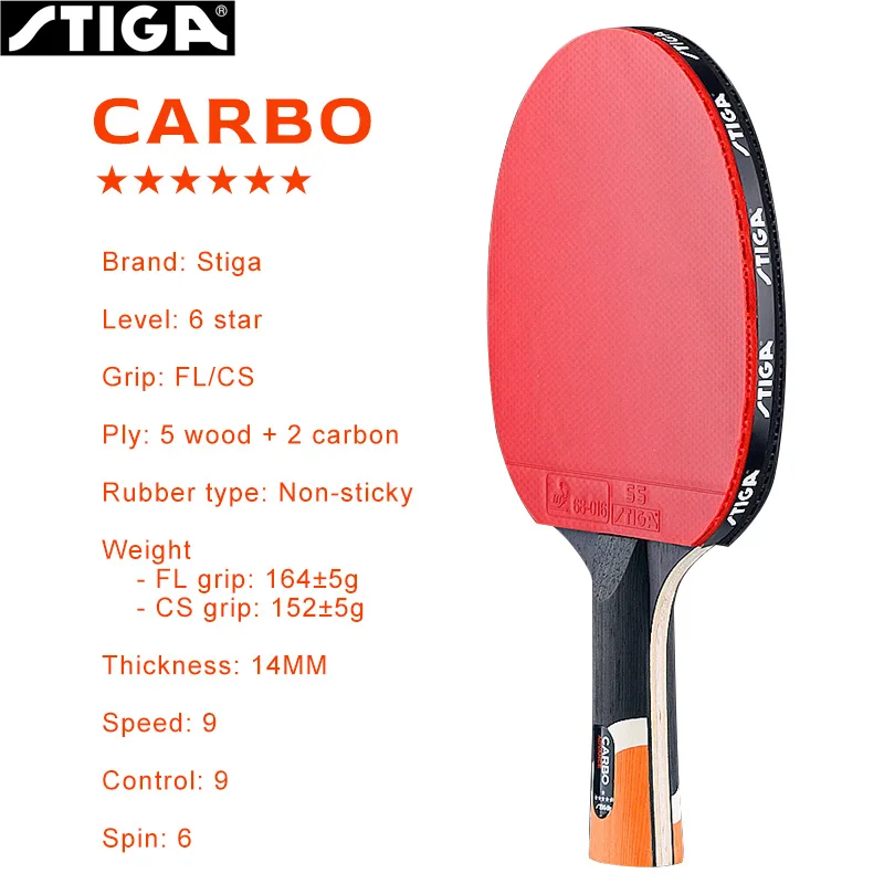 STIGA CARBO 6 Star Table Tennis Racket 5+2 Carbon Ping Pong Paddle for Advanced Fast Attack Both Side Non-sticky Rubbers