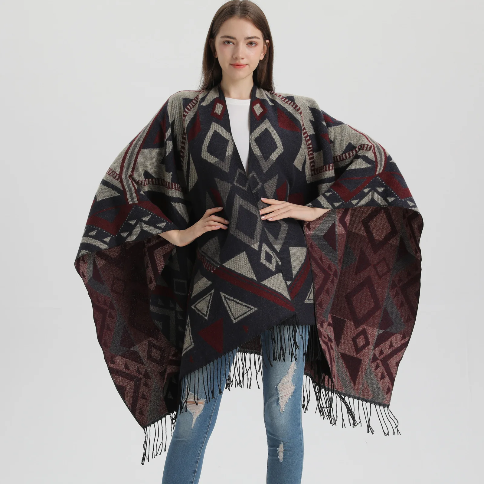 Bohemian Women Tassel Cape Coat Fashion Autumn Winter New Argyle Thickened Multi-function Scarf Ponchos