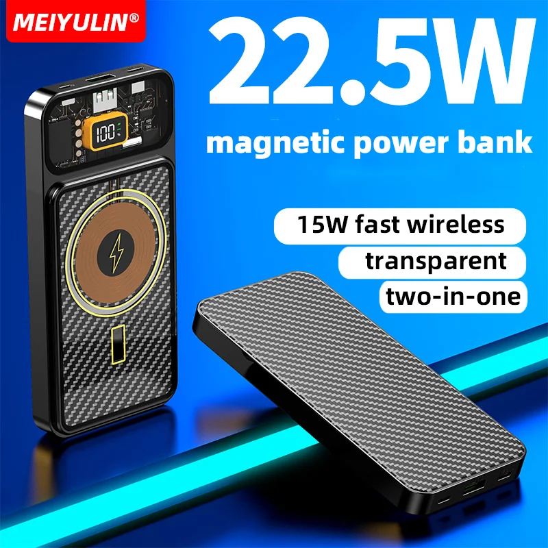 

Magnetic Wireless 10000mAh Power Bank Portable Transparent USB C Powerbank 22.5W Charger External Battery For iPhone Samsung