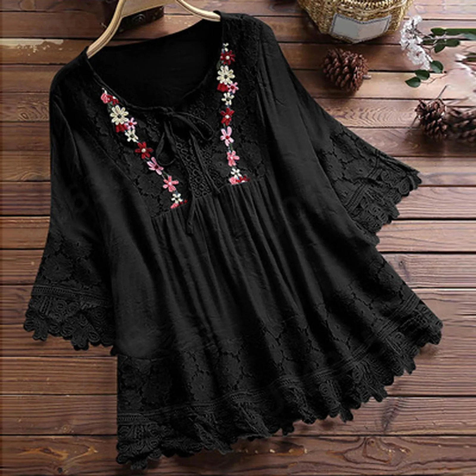 

S-5xl Women Vintage Lace Patchwork Bow V Neck Three Quarter Blouses Top T Shirt Short Sleeves Blouse Ladies Plus Size Clothes