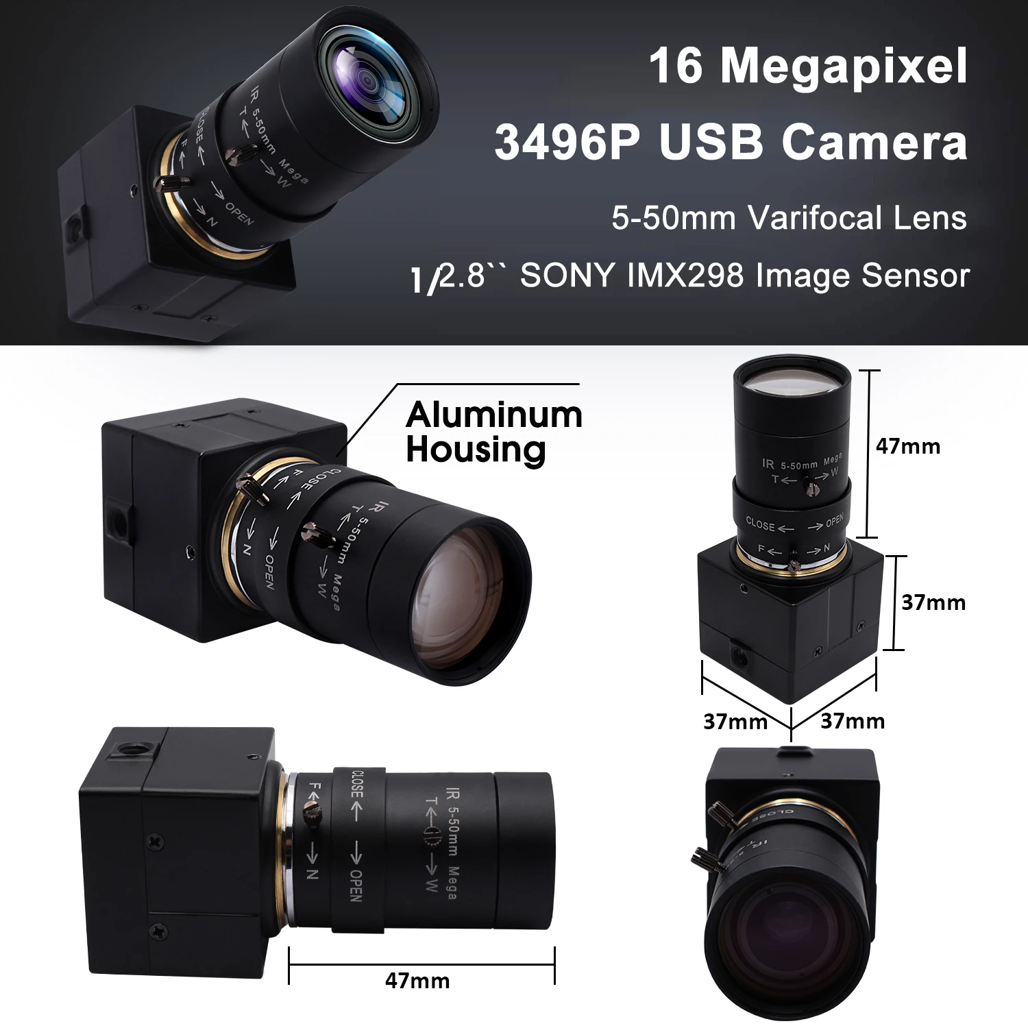 ELP Free Driver CMOS IMX298 16MP USB Camera with 5-50mm