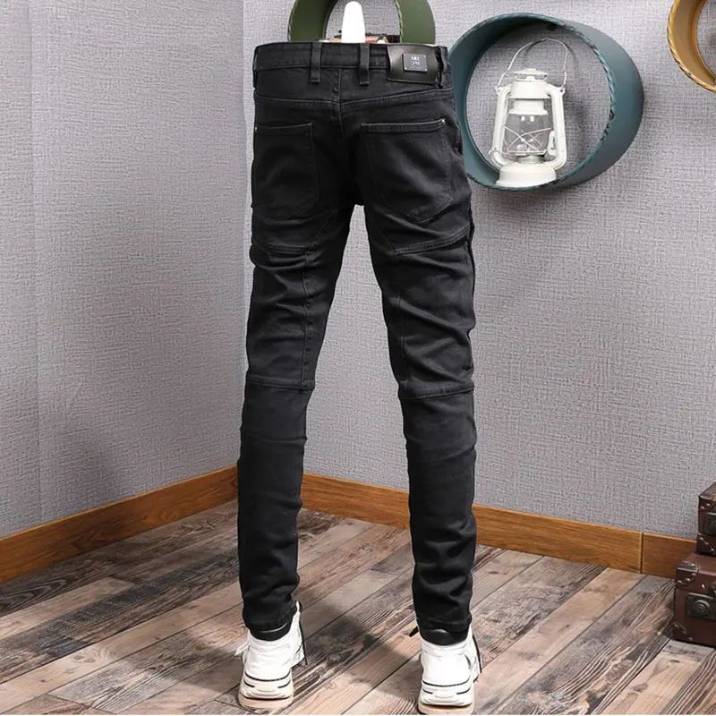 Streetwear Fashion Men Jeans Black Stretch Slim Fit Spliced Designer Biker Jeans Homme Patched Hip Hop Denim Punk Pants Men