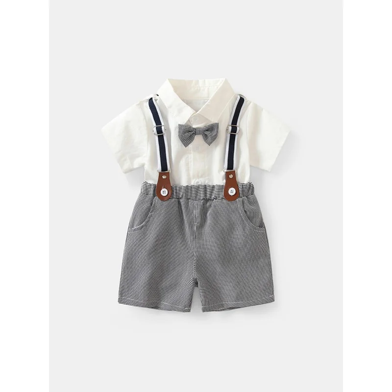 

Clothes for Babies Summer Clothing2024Gentleman Children's Suit College Style Short Sleeve Shirt Suspender Pants Two-Piece Set W