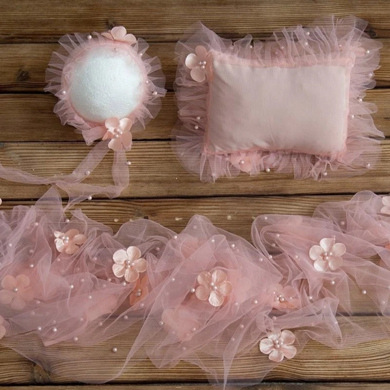 

Newborn Girl Pearl-gauze Lace-hat Pillow Photoshoot Outfits Baby Photo Props