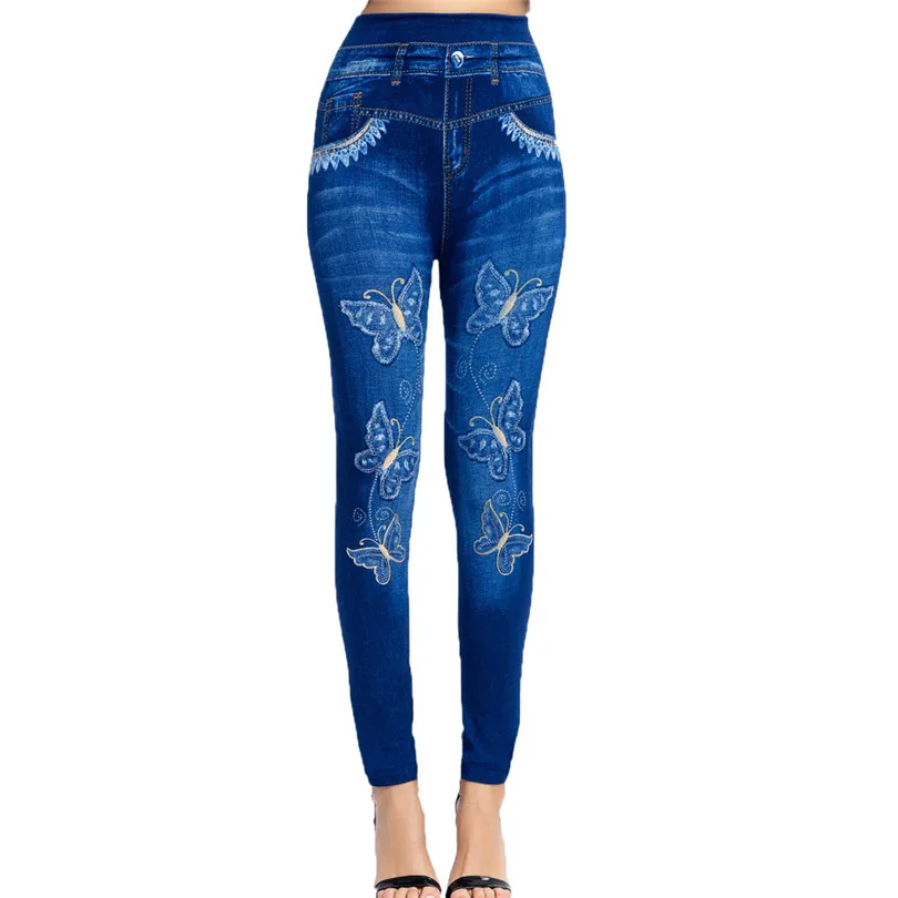 LJCUIYAO 원활한 높은 허리 청바지 레깅스를 밀어 여자 가을 탄성 Jeggings 데님 바지 나비 인쇄 패턴 하단