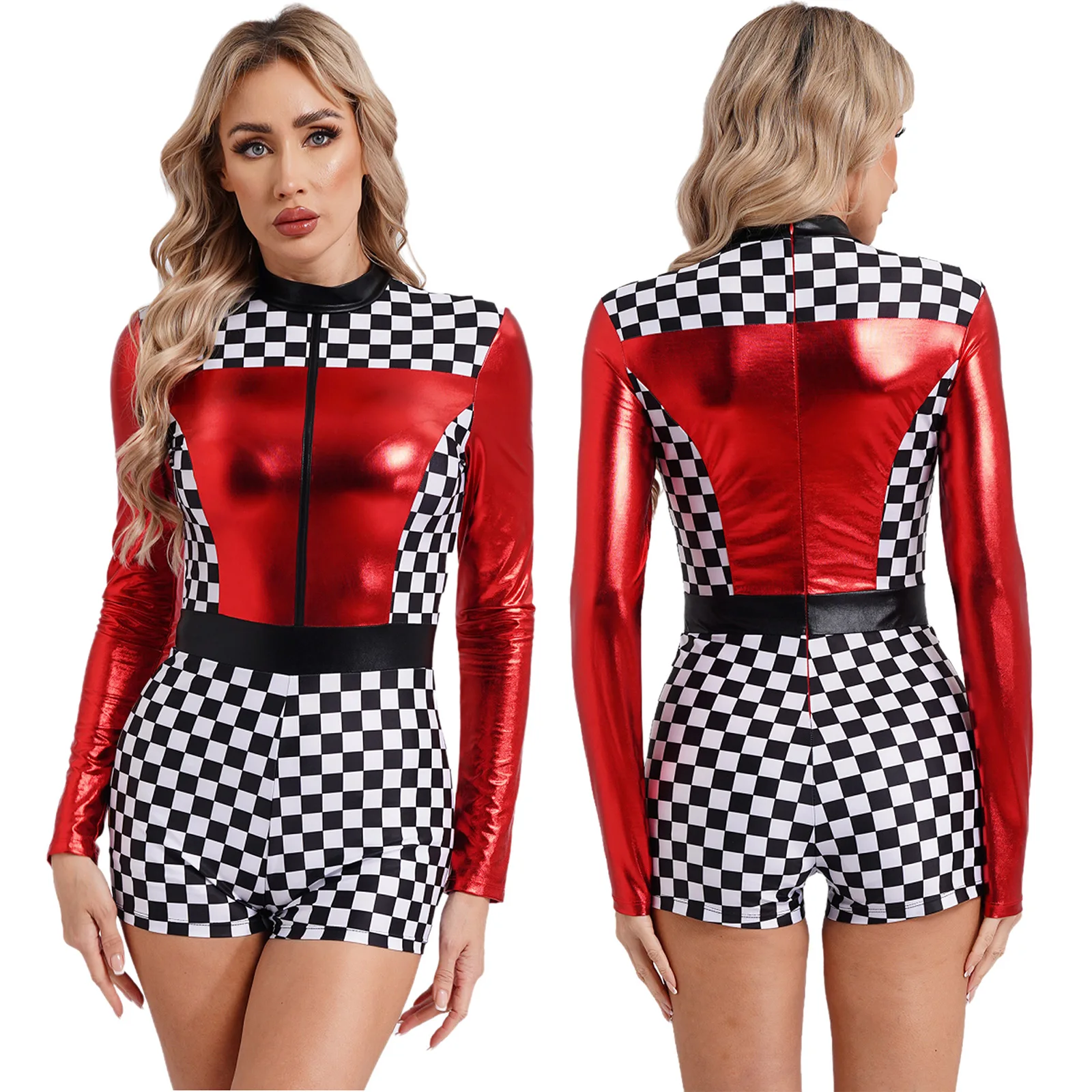thumbnail image 1 of Mono de piloto de carreras para mujer, disfraz de Halloween, cosplay, tema de tablero de ajedrez, estampado de manga larga, pantalones cortos, mono de corredor, 1 of 5