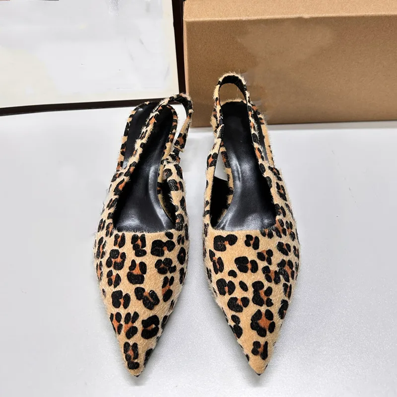 TRAF Women's Flat Bottom Slingback Sandals Leopard Pointed End Woman Mules Autumn Fashion Animal Print Low-heel Beach Shoes