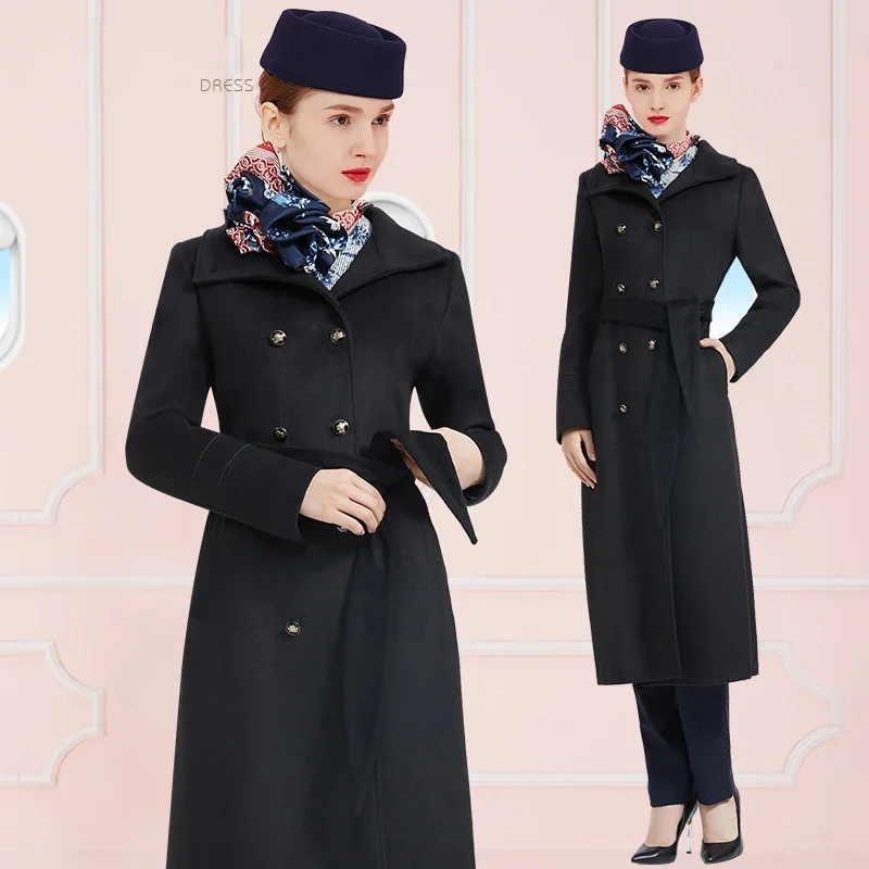 

Airline Stewardess Uniform Professional Suit Autumn Winter Clothing Women Black Medium Length High Grade Slim Wool Coat Lady