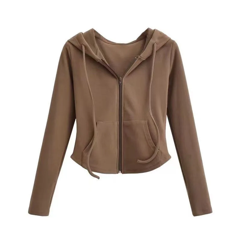 thumbnail image 1 of Cárdigan liso de otoño con capucha y cremallera para mujer, tops de estilo coreano de primavera, abrigo corto con capucha de manga larga ajustado, sudadera vintage Y2k para estudiantes, 1 of 5