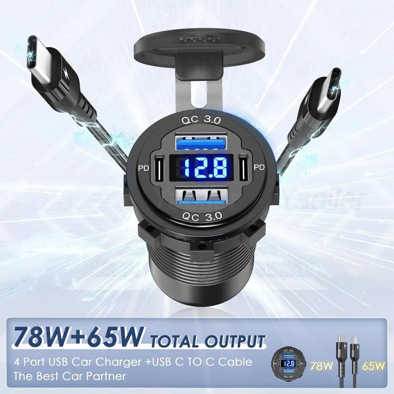 Chargeur Voiture 66W 4 Ports USB (2x PD + 2x QC 3.0) Avec Voltmètre - Prise 12V/24V Pour Voiture, Bateau, Camping-car