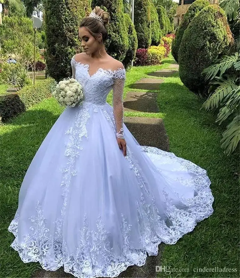 

Luxury Off the Shoulder Long sleeve Ball Grown Wedding Dress Exquisite Lace Appliques Bridal Gown Sweep Train vestido de noiva